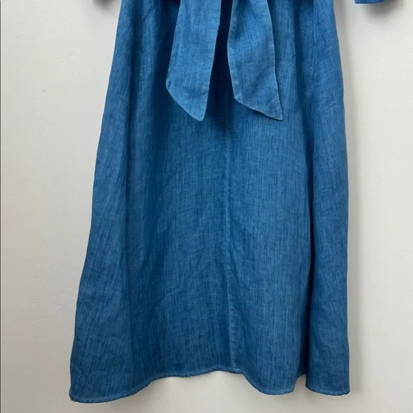 120% Lino 100% Linen Blue Button Front Tie Waist Midi Shirt Dress Size: 42 - Picture 11 of 12